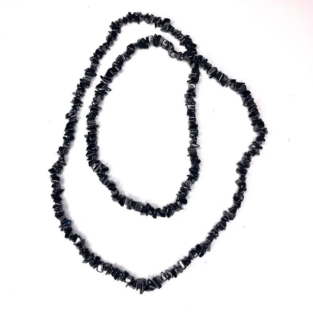 Black Hematite Chip Stone Necklace | 17” Boho Statement Jewelry